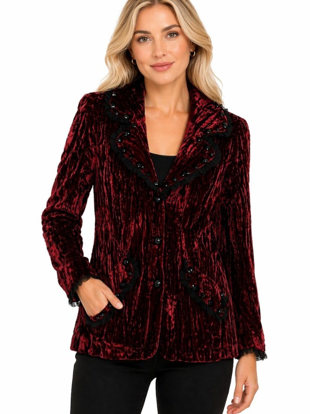 Alberto Makali Burgundy Red Crushed Velvet Embellished Blazer NWT